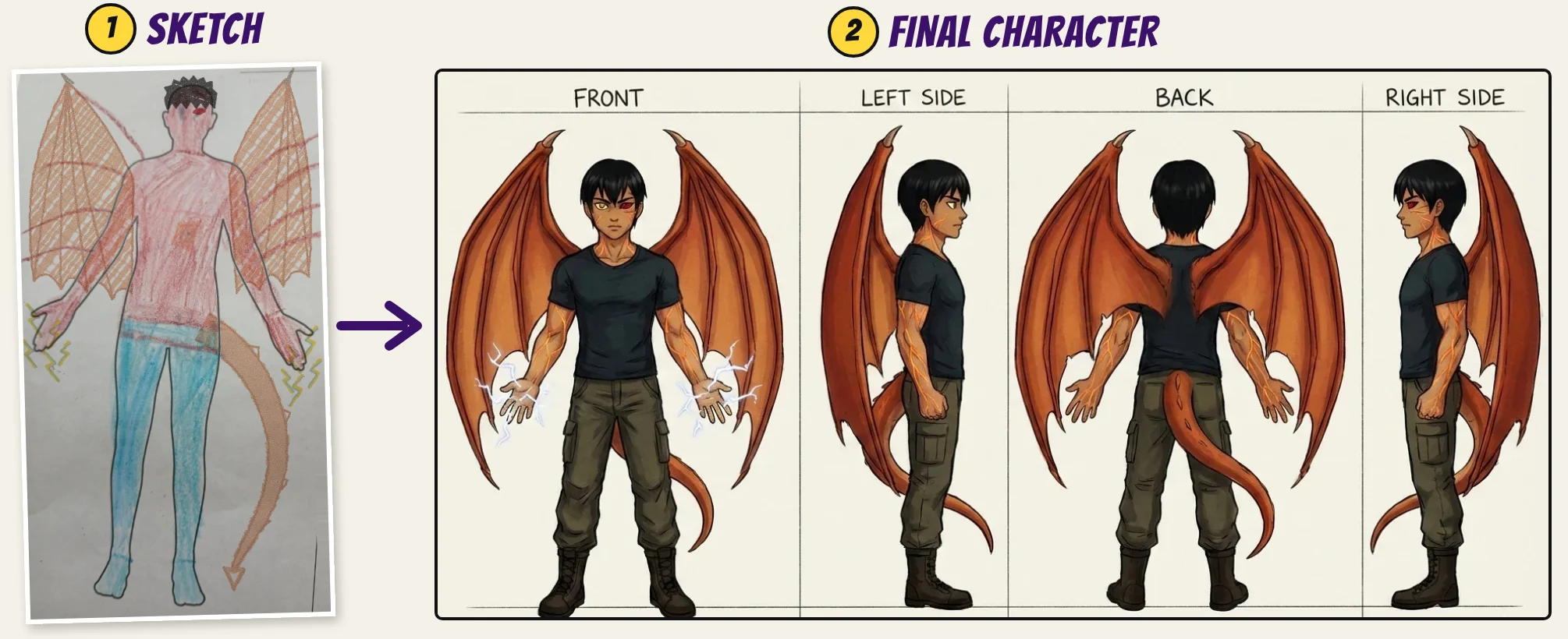 From sketch to AI character: on the left, a participant's crayon sketch of a winged dragon character with a tail and lightning in his hands; on the right, the finished AI character turnaround showing him from the front, left side, back, and right side.